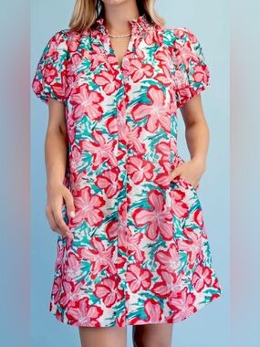 GIGIO FLORAL PRINT V-NECK BUTTON DOWN
DRESS